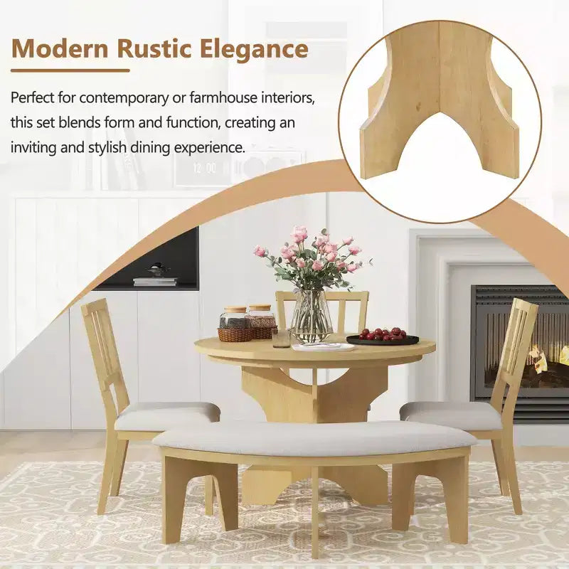 Ensemble de salle à manger rond 5 pièces Whisen Rustic Charm avec 3 chaises rembourrées et un banc incurvé pour salle à manger, cuisine
