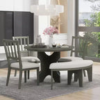 Ensemble de salle à manger rond 5 pièces Whisen Rustic Charm avec 3 chaises rembourrées et un banc incurvé pour salle à manger, cuisine