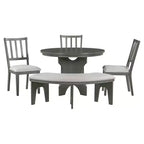 Ensemble de salle à manger rond 5 pièces Whisen Rustic Charm avec 3 chaises rembourrées et un banc incurvé pour salle à manger, cuisine