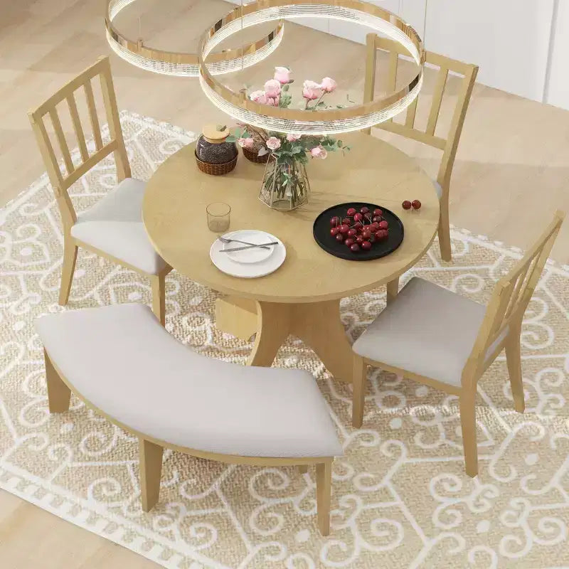 Ensemble de salle à manger rond 5 pièces Whisen Rustic Charm avec 3 chaises rembourrées et un banc incurvé pour salle à manger, cuisine