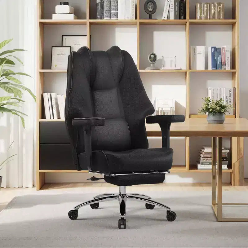 Chaise de bureau ergonomique VECELO avec repose-pieds et accoudoirs, chaise réglable en hauteur avec soutien lombaire et cervical, noire