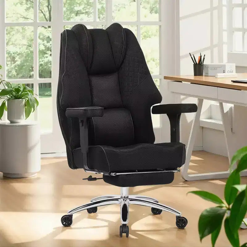 Chaise de bureau ergonomique VECELO avec repose-pieds et accoudoirs, chaise réglable en hauteur avec soutien lombaire et cervical, noire
