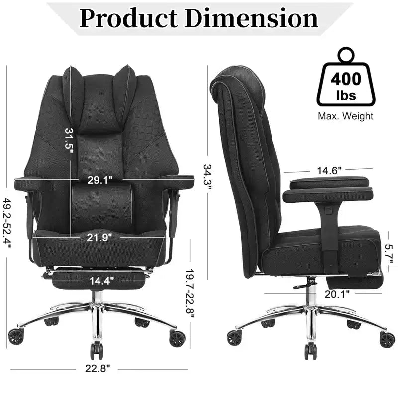 Chaise de bureau ergonomique VECELO avec repose-pieds et accoudoirs, chaise réglable en hauteur avec soutien lombaire et cervical, noire