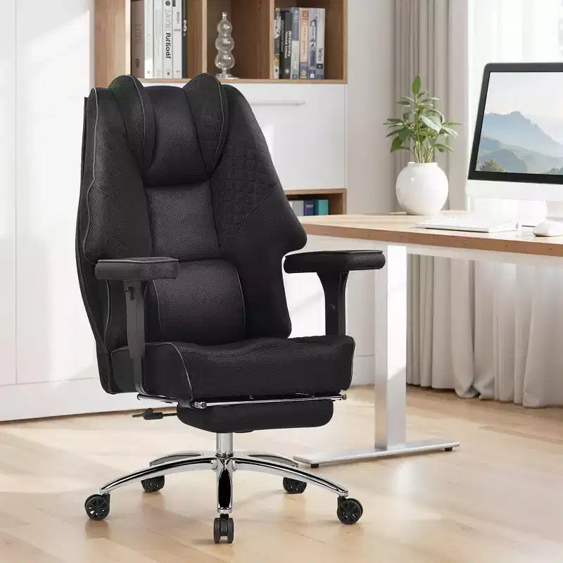 Chaise de bureau ergonomique VECELO avec repose-pieds et accoudoirs, chaise réglable en hauteur avec soutien lombaire et cervical, noire