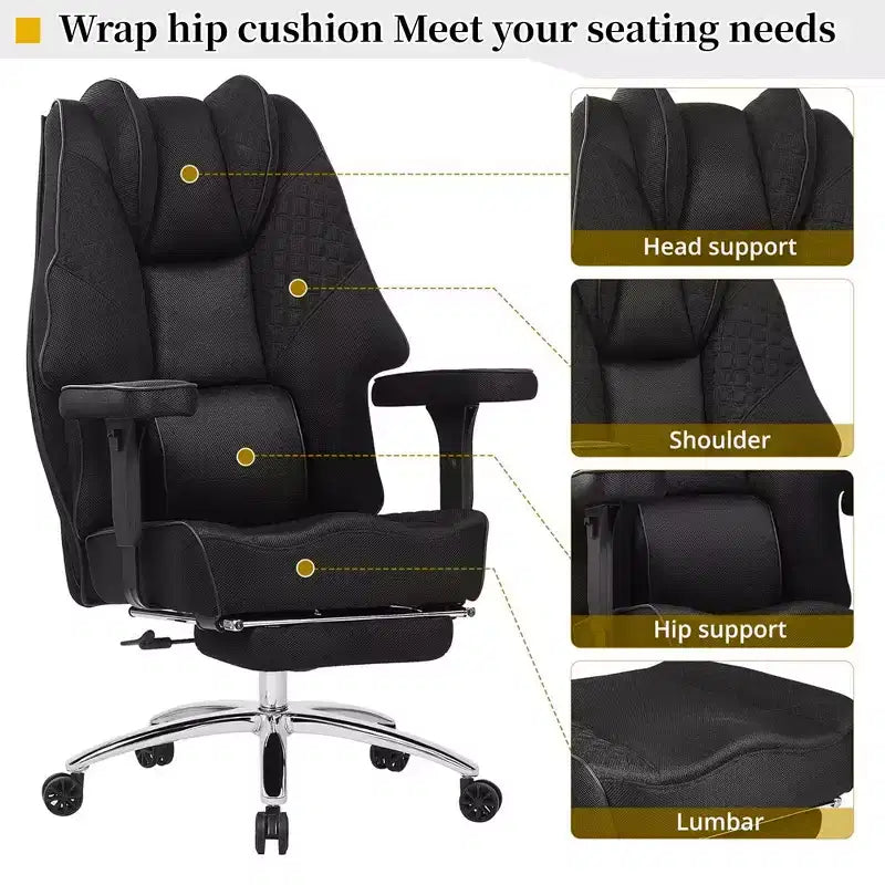 Chaise de bureau ergonomique VECELO avec repose-pieds et accoudoirs, chaise réglable en hauteur avec soutien lombaire et cervical, noire