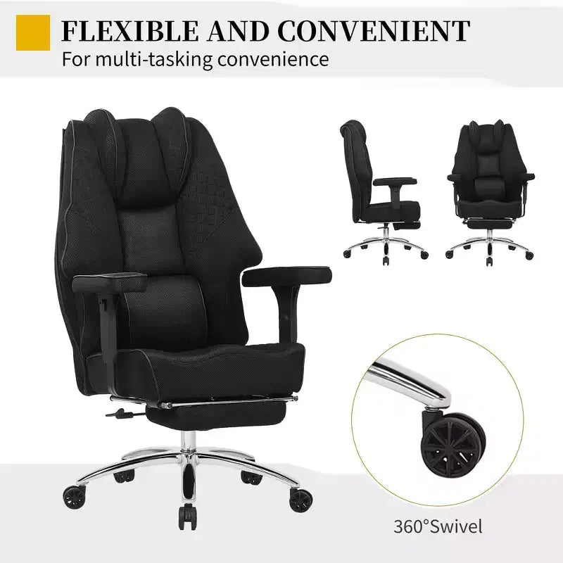 Chaise de bureau ergonomique VECELO avec repose-pieds et accoudoirs, chaise réglable en hauteur avec soutien lombaire et cervical, noire