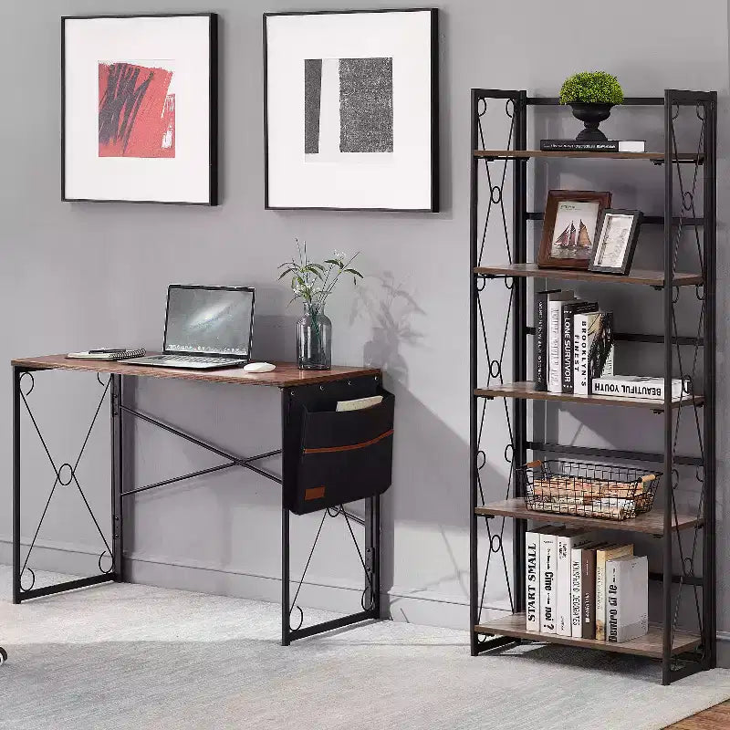 Étagère pliable VECELO, bibliothèque pliable à 5 niveaux, étagère de rangement industrielle en métal pour salon ou chambre, marron
