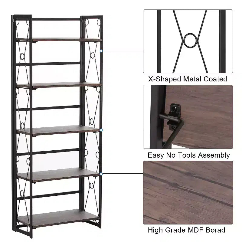Étagère pliable VECELO, bibliothèque pliable à 5 niveaux, étagère de rangement industrielle en métal pour salon ou chambre, marron