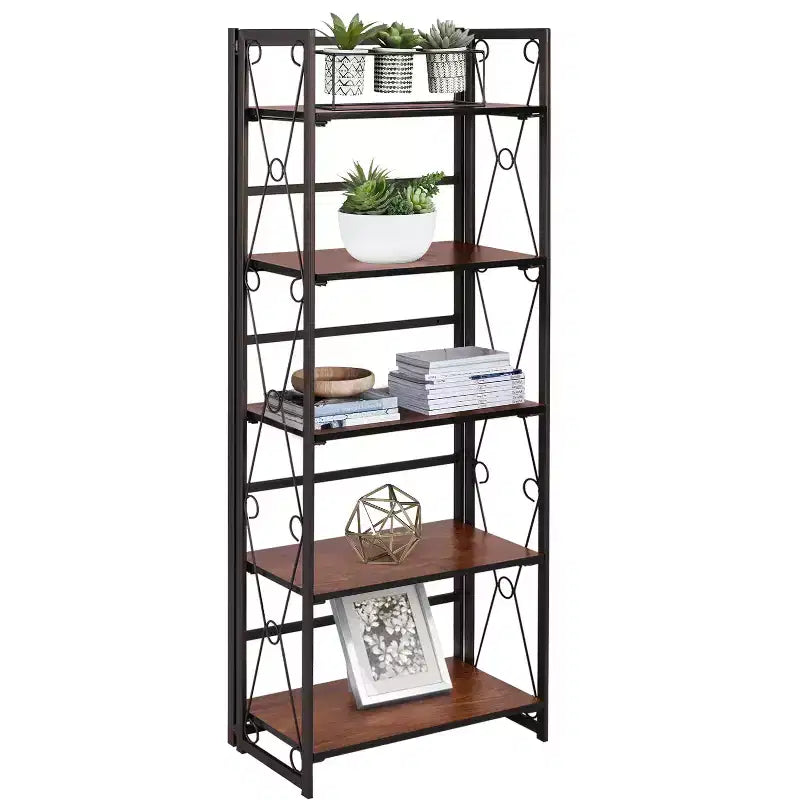 Étagère pliable VECELO, bibliothèque pliable à 5 niveaux, étagère de rangement industrielle en métal pour salon ou chambre, marron