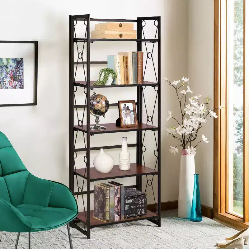 Étagère pliable VECELO, bibliothèque pliable à 5 niveaux, étagère de rangement industrielle en métal pour salon ou chambre, marron