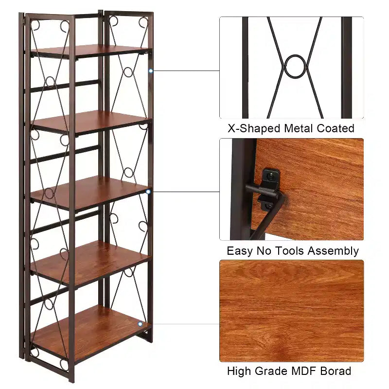 Étagère pliable VECELO, bibliothèque pliable à 5 niveaux, étagère de rangement industrielle en métal pour salon ou chambre, marron