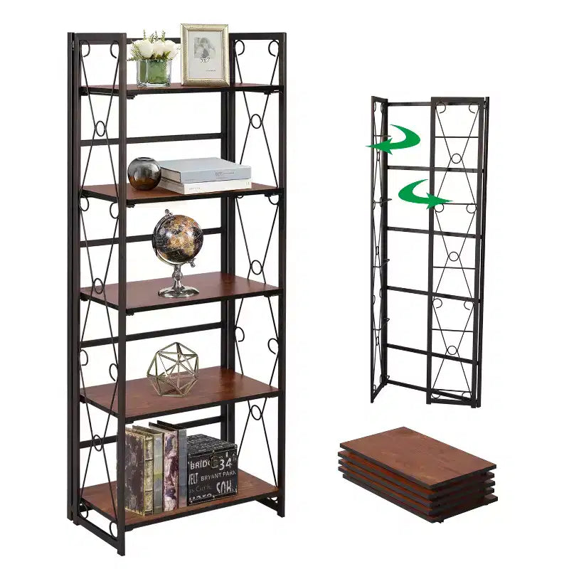 Étagère pliable VECELO, bibliothèque pliable à 5 niveaux, étagère de rangement industrielle en métal pour salon ou chambre, marron