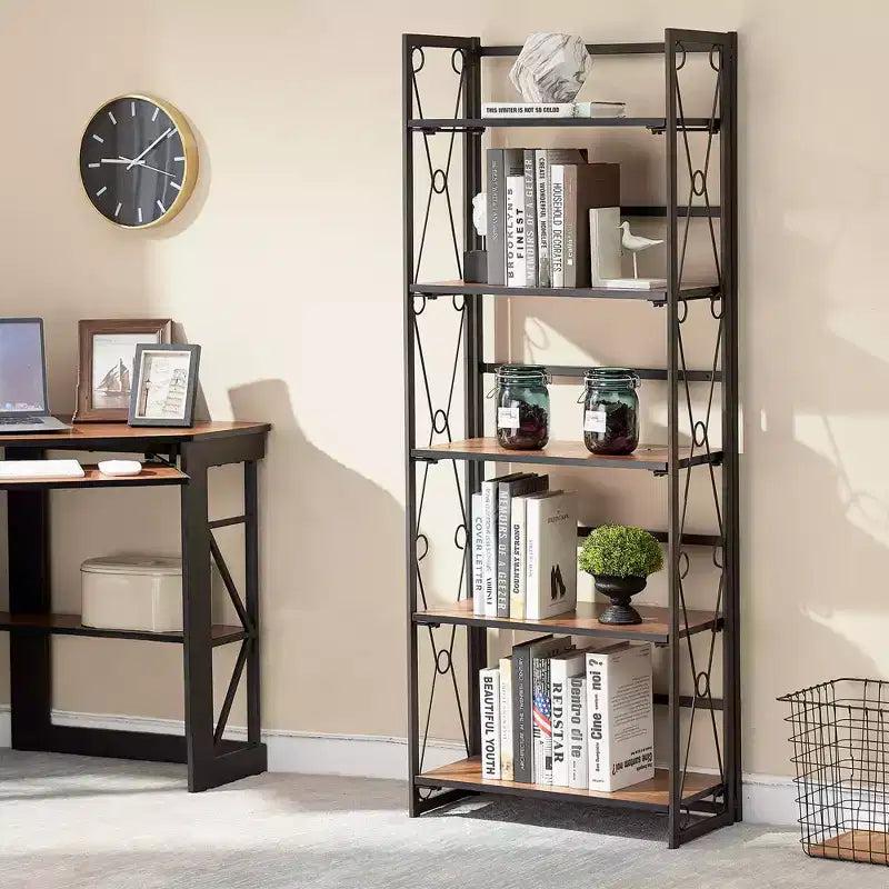 Étagère pliable VECELO, bibliothèque pliable à 5 niveaux, étagère de rangement industrielle en métal pour salon ou chambre, marron