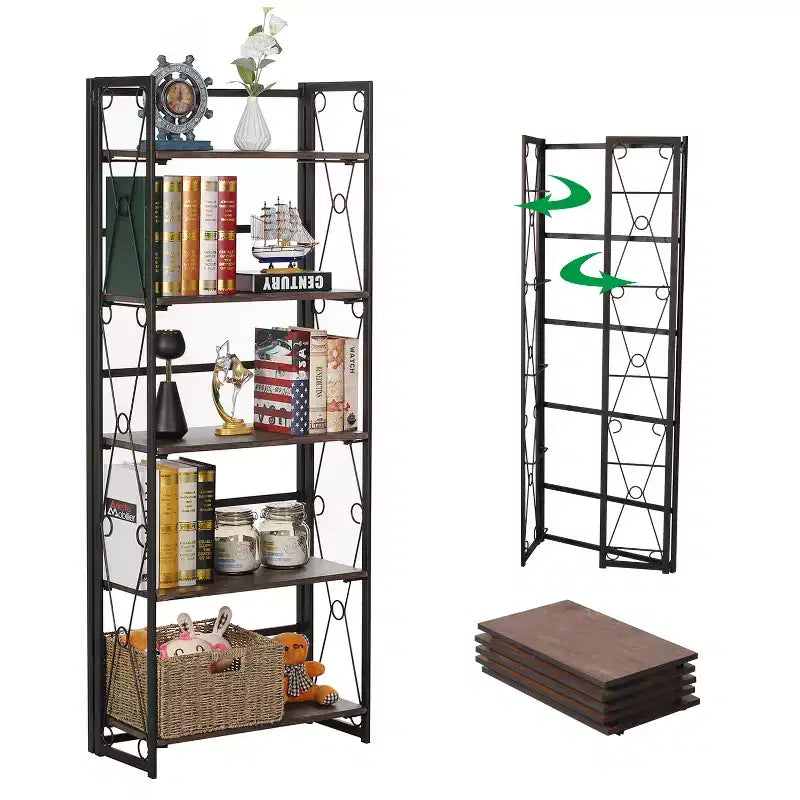 Étagère pliable VECELO, bibliothèque pliable à 5 niveaux, étagère de rangement industrielle en métal pour salon ou chambre, marron