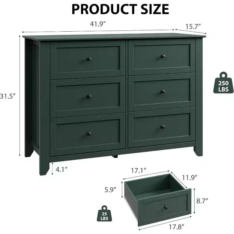 Commode Acekool 6 tiroirs, grande commode de rangement, tiroirs profonds, poignées, style moderne et rustique pour chambre à coucher, placard, salon, vert