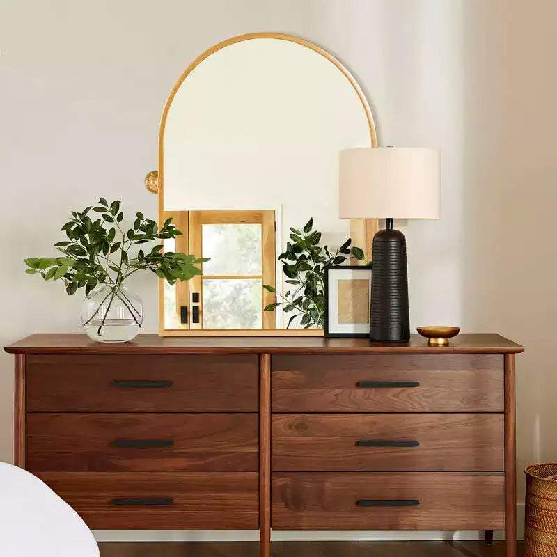 MAYEERTY Miroir mural d'appoint arqué à angle droit avec cadre en métal doré 36 x 24 x 2