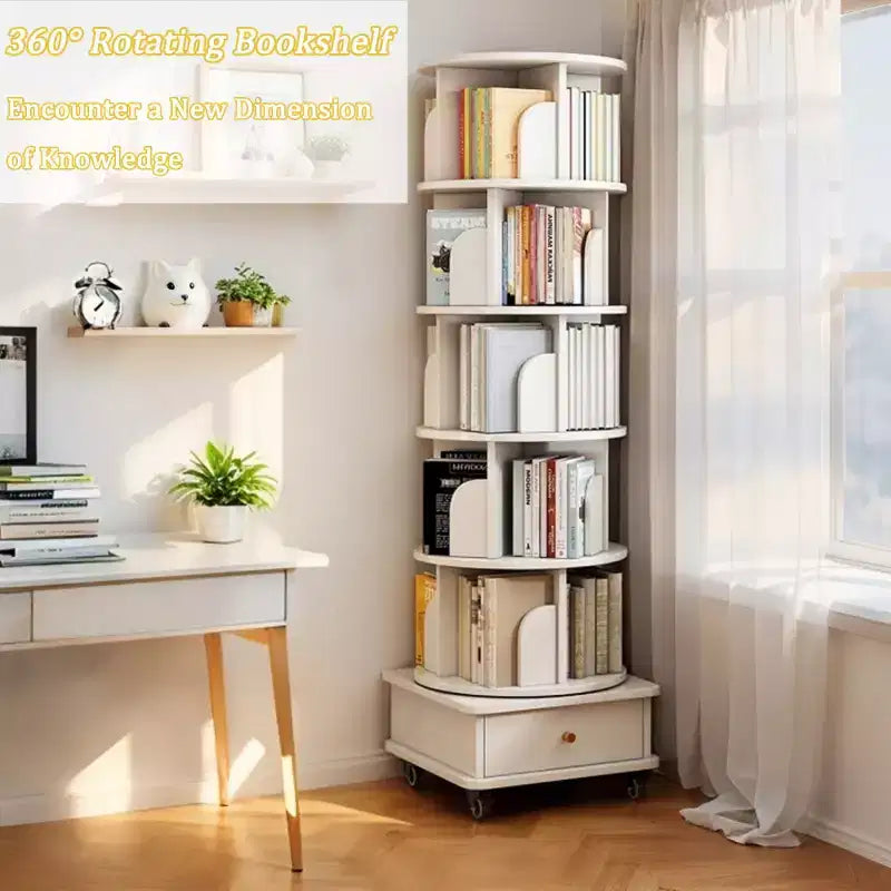 Étagère à livres rotative à 360° à 6 niveaux Chic Crate avec roulettes et tiroir, bibliothèque peu encombrante pour chambre et bureau à domicile