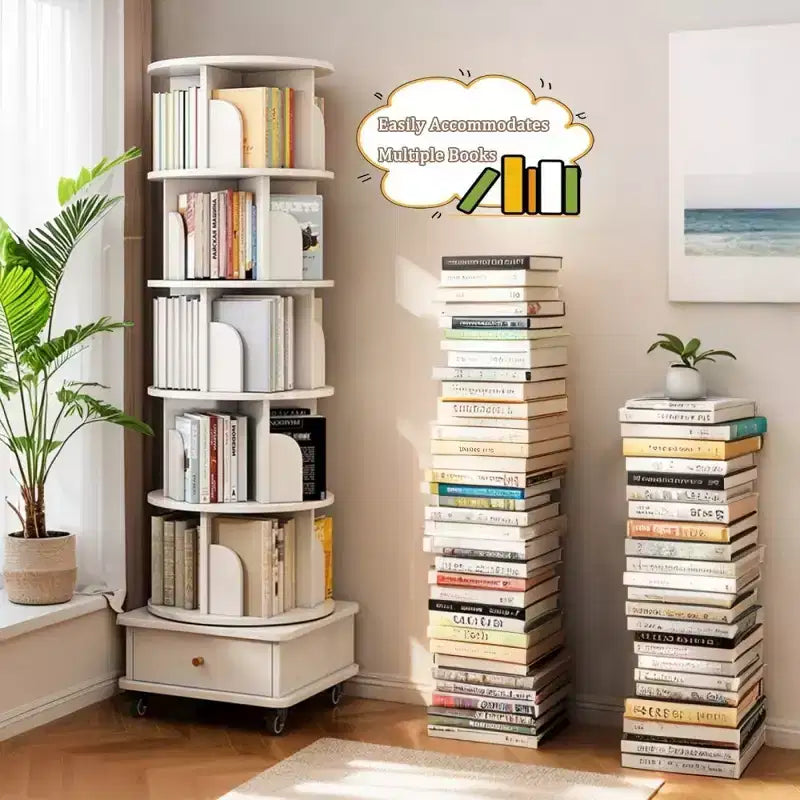 Étagère à livres rotative à 360° à 6 niveaux Chic Crate avec roulettes et tiroir, bibliothèque peu encombrante pour chambre et bureau à domicile