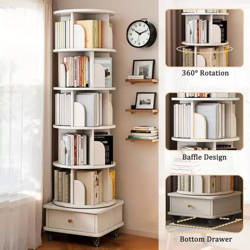 Étagère à livres rotative à 360° à 6 niveaux Chic Crate avec roulettes et tiroir, bibliothèque peu encombrante pour chambre et bureau à domicile