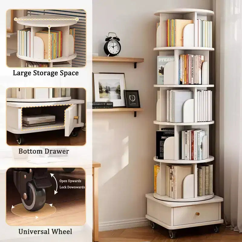 Étagère à livres rotative à 360° à 6 niveaux Chic Crate avec roulettes et tiroir, bibliothèque peu encombrante pour chambre et bureau à domicile