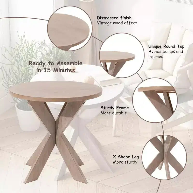 COZAYH Table d'appoint ronde en bois de style ferme avec pieds croisés, finition grise vieillie