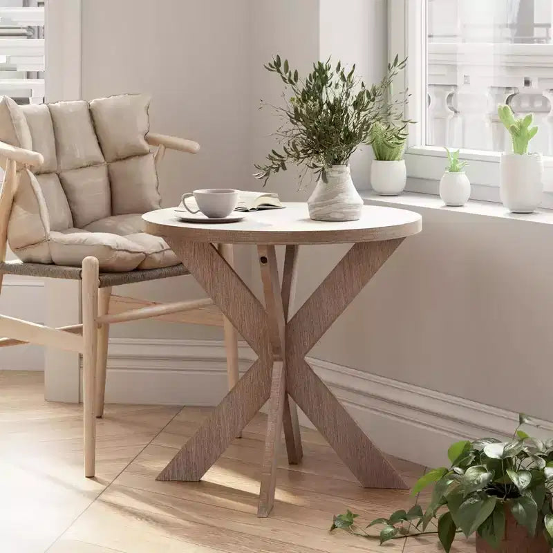 COZAYH Table d'appoint ronde en bois de style ferme avec pieds croisés, finition grise vieillie