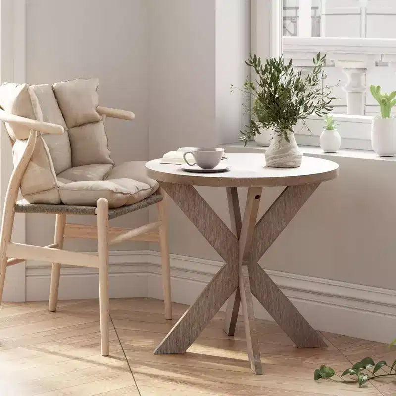 COZAYH Table d'appoint ronde en bois de style ferme avec pieds croisés, finition grise vieillie