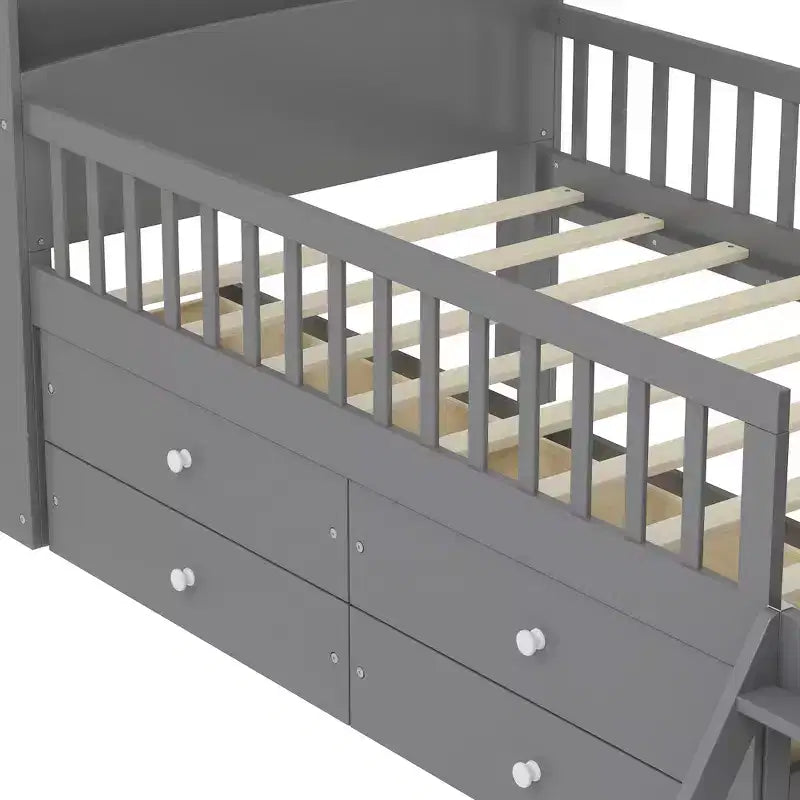Lit double en bois Whisen, lit plateforme avec 4 tiroirs de rangement, tête de lit avec barrière de protection et échelle