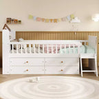 Lit double en bois Whisen, lit plateforme avec 4 tiroirs de rangement, tête de lit avec barrière de protection et échelle