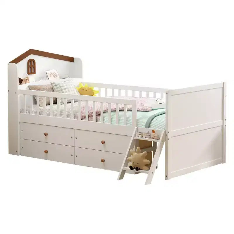 Lit double en bois Whisen, lit plateforme avec 4 tiroirs de rangement, tête de lit avec barrière de protection et échelle