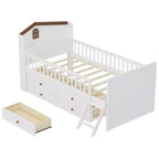 Lit double en bois Whisen, lit plateforme avec 4 tiroirs de rangement, tête de lit avec barrière de protection et échelle