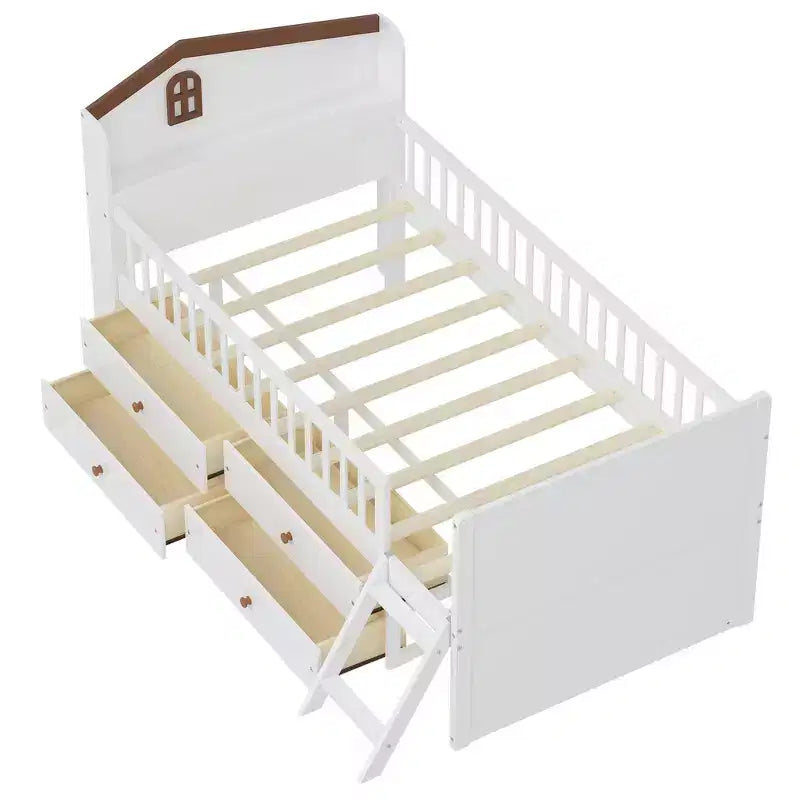 Lit double en bois Whisen, lit plateforme avec 4 tiroirs de rangement, tête de lit avec barrière de protection et échelle