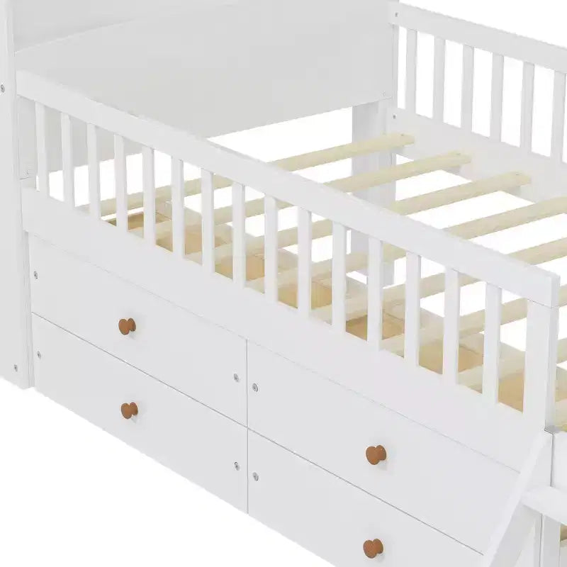 Lit double en bois Whisen, lit plateforme avec 4 tiroirs de rangement, tête de lit avec barrière de protection et échelle