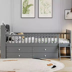 Lit double en bois Whisen, lit plateforme avec 4 tiroirs de rangement, tête de lit avec barrière de protection et échelle