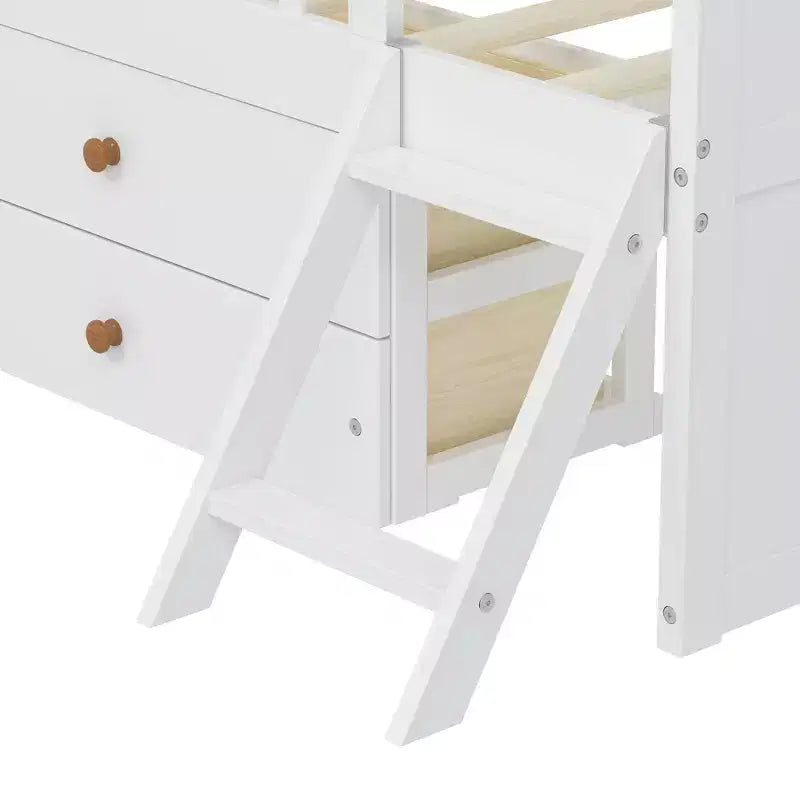 Lit double en bois Whisen, lit plateforme avec 4 tiroirs de rangement, tête de lit avec barrière de protection et échelle