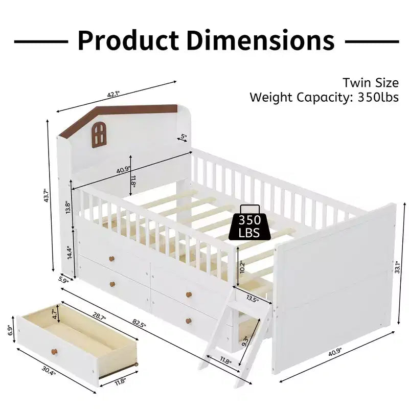Lit double en bois Whisen, lit plateforme avec 4 tiroirs de rangement, tête de lit avec barrière de protection et échelle