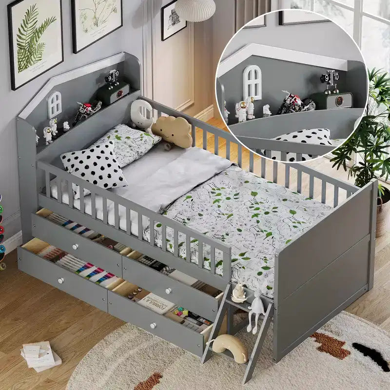Lit double en bois Whisen, lit plateforme avec 4 tiroirs de rangement, tête de lit avec barrière de protection et échelle
