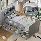 Lit double en bois Whisen, lit plateforme avec 4 tiroirs de rangement, tête de lit avec barrière de protection et échelle