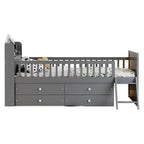 Lit double en bois Whisen, lit plateforme avec 4 tiroirs de rangement, tête de lit avec barrière de protection et échelle