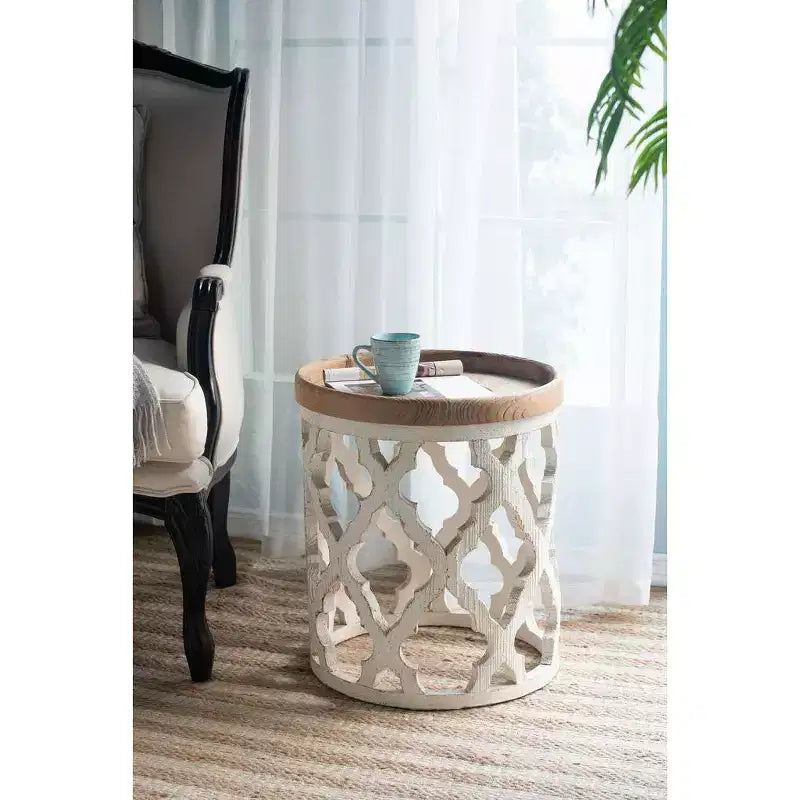 Grande table d'appoint blanche vieillie