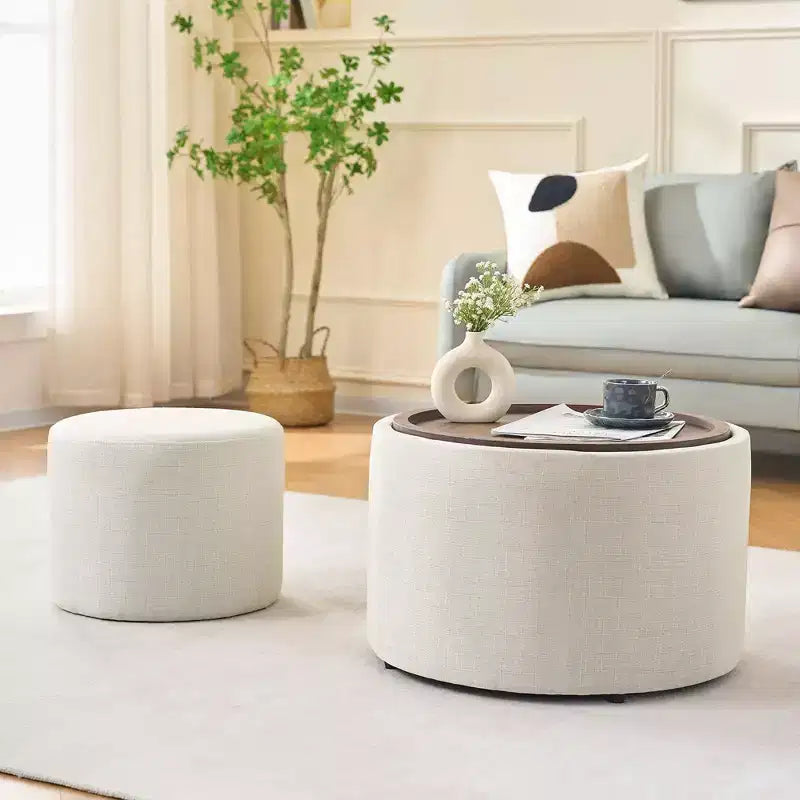 Okak Ottomans de rangement modernes gigognes de 2 en tissu lin avec plateau en bois, Repose-pieds rembourré et Table basse ronde