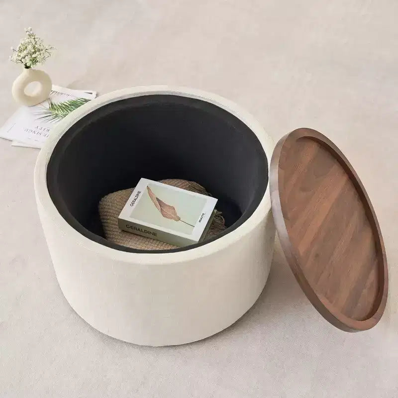 Okak Ottomans de rangement modernes gigognes de 2 en tissu lin avec plateau en bois, Repose-pieds rembourré et Table basse ronde