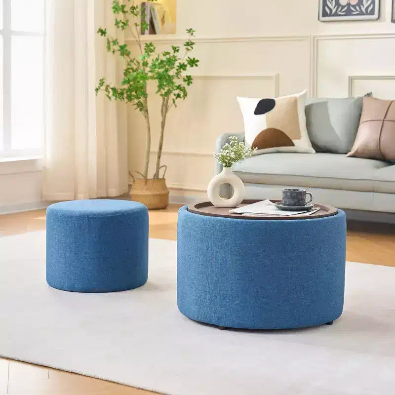 Okak Ottomans de rangement modernes gigognes de 2 en tissu lin avec plateau en bois, Repose-pieds rembourré et Table basse ronde