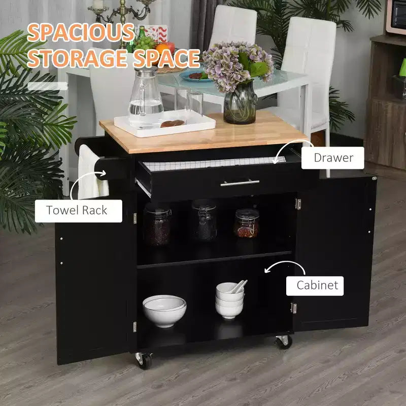Îlot de cuisine FAMYYT en placage de bois de caoutchouc noir de 56 po avec étagère réglable, étagères à 1 porte, 4 roulettes avec tiroirs profonds