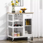 FAMYYT Dessus en bois de bambou blanc Îlot de cuisine de 48 cm avec casier à vin pour 4 bouteilles, Chariot de bar avec porte-verres à pied, Tiroir et placard