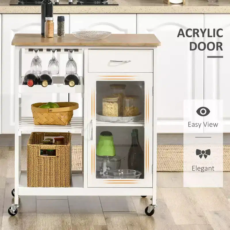 FAMYYT Dessus en bois de bambou blanc Îlot de cuisine de 48 cm avec casier à vin pour 4 bouteilles, Chariot de bar avec porte-verres à pied, Tiroir et placard