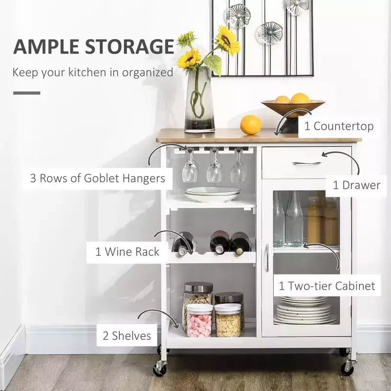 FAMYYT Dessus en bois de bambou blanc Îlot de cuisine de 48 cm avec casier à vin pour 4 bouteilles, Chariot de bar avec porte-verres à pied, Tiroir et placard