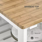 FAMYYT Dessus en bois de bambou blanc Îlot de cuisine de 48 cm avec casier à vin pour 4 bouteilles, Chariot de bar avec porte-verres à pied, Tiroir et placard