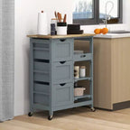 FAMYYT Îlot de cuisine gris en bois d'hévéa avec 3 tiroirs, 1 plateau de service et 2 étagères à lattes, 36,8 cm