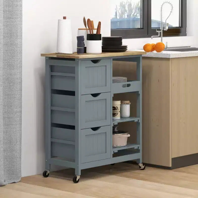 FAMYYT Îlot de cuisine gris en bois d'hévéa avec 3 tiroirs, 1 plateau de service et 2 étagères à lattes, 36,8 cm